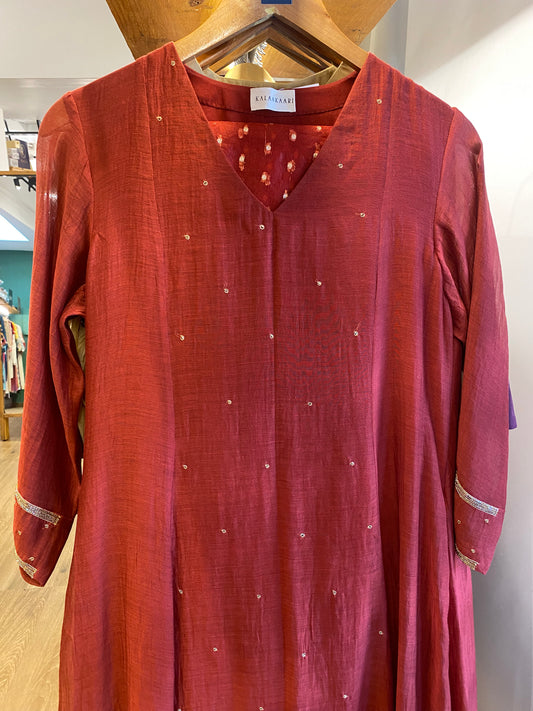 Red Chanderi panelled dress & pants