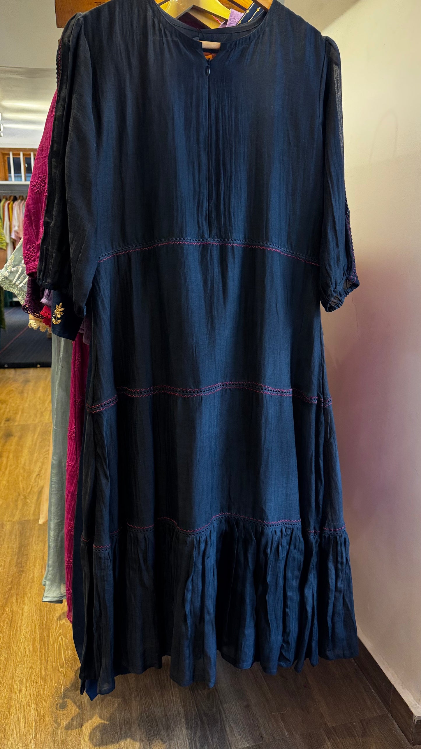 Black Chanderi layered dress with lace detailing