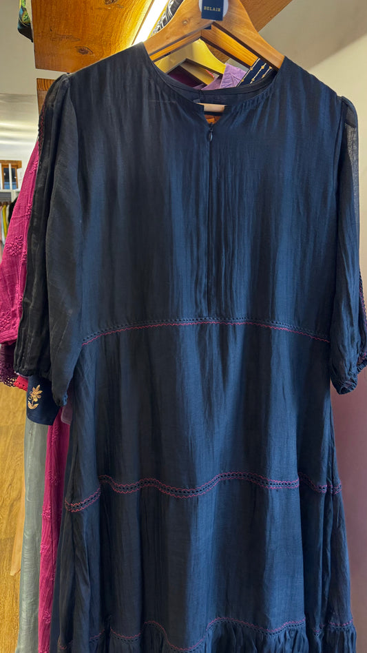 Black Chanderi layered dress with lace detailing