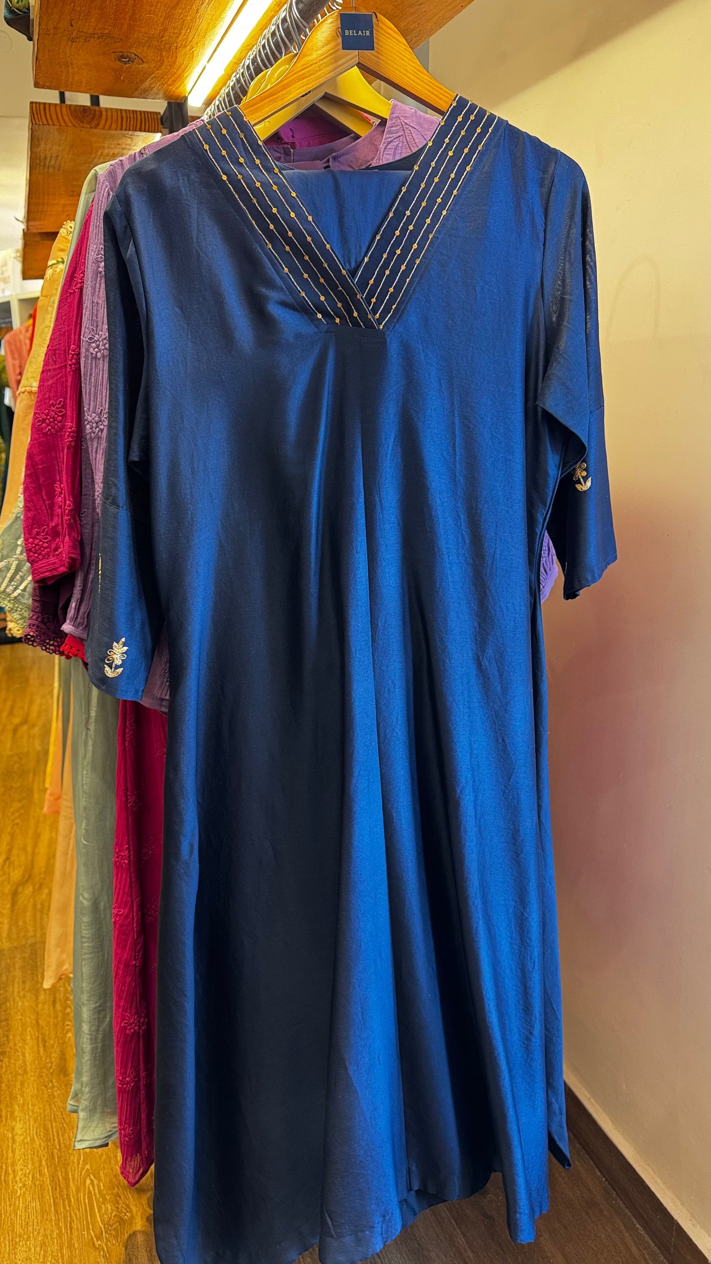 Navy Blue chanderi coord set with V neck and golden work on neck