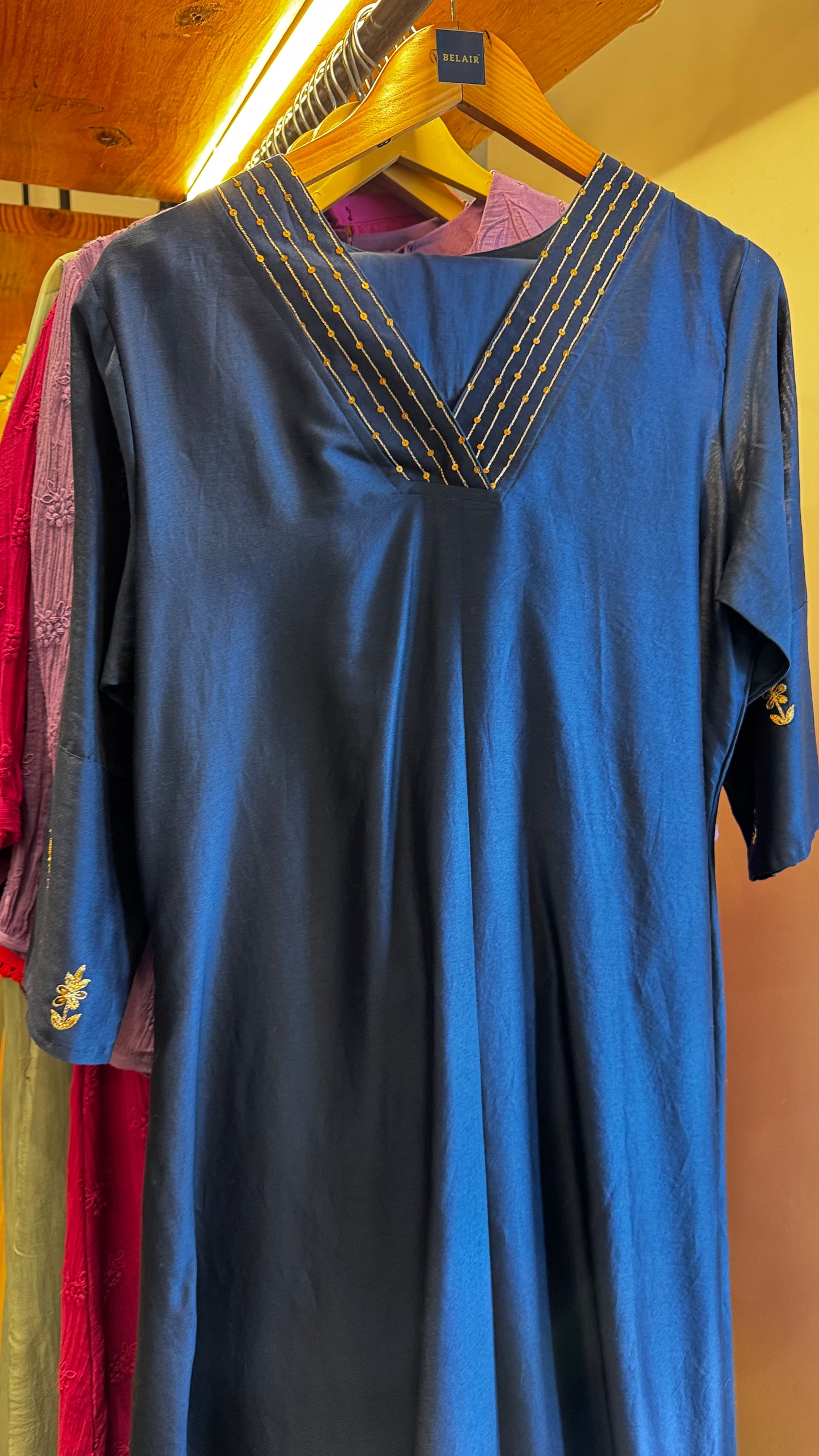 Navy Blue chanderi coord set with V neck and golden work on neck