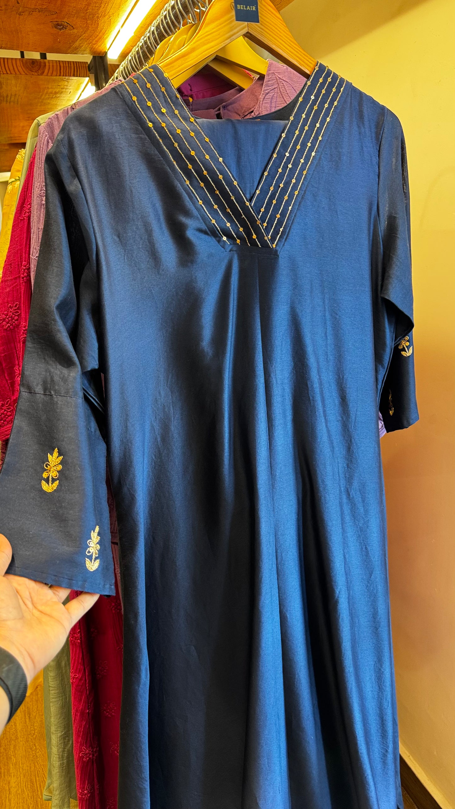 Navy Blue chanderi coord set with V neck and golden work on neck