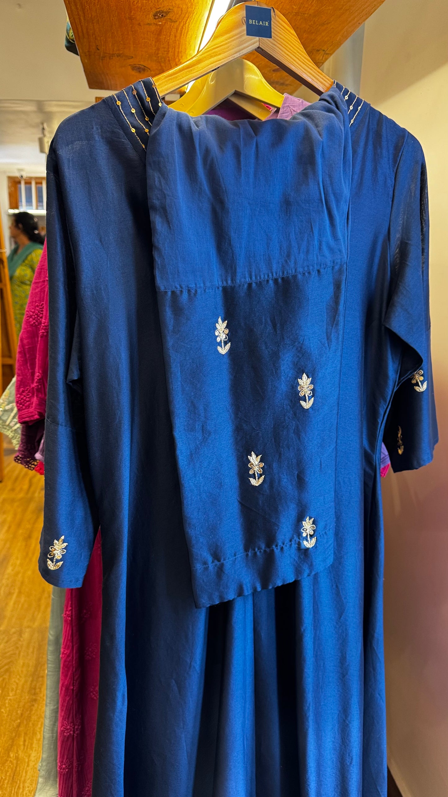 Navy Blue chanderi coord set with V neck and golden work on neck