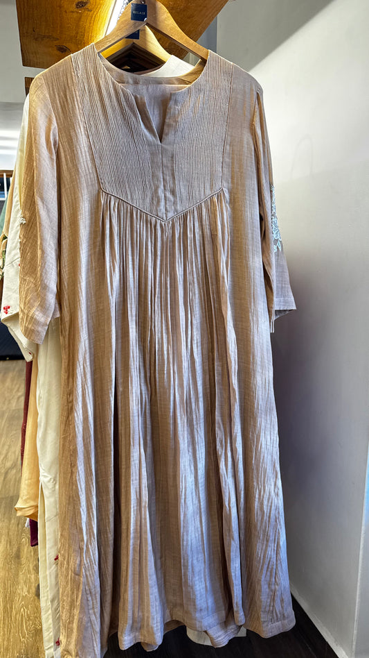 Beige Chanderi round neckline with three quarter sleeves white floral embroidery top, pants size 40