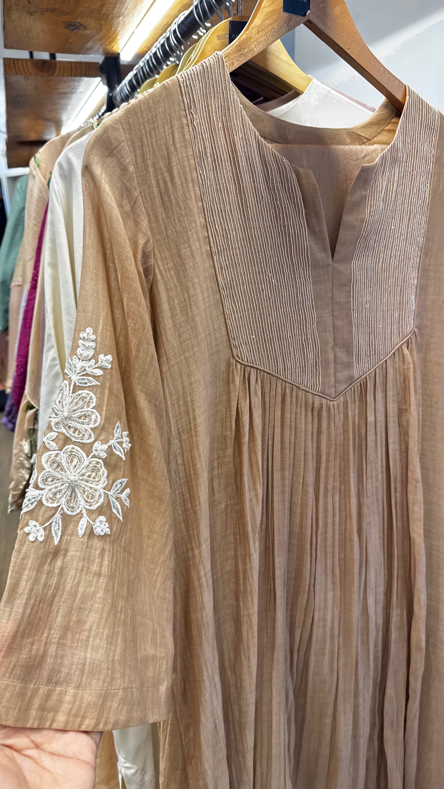 Beige Chanderi round neckline with three quarter sleeves white floral embroidery top, pants size 40