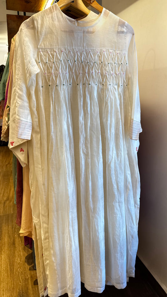 Off white Chanderi honeycomb yoke dress with slip