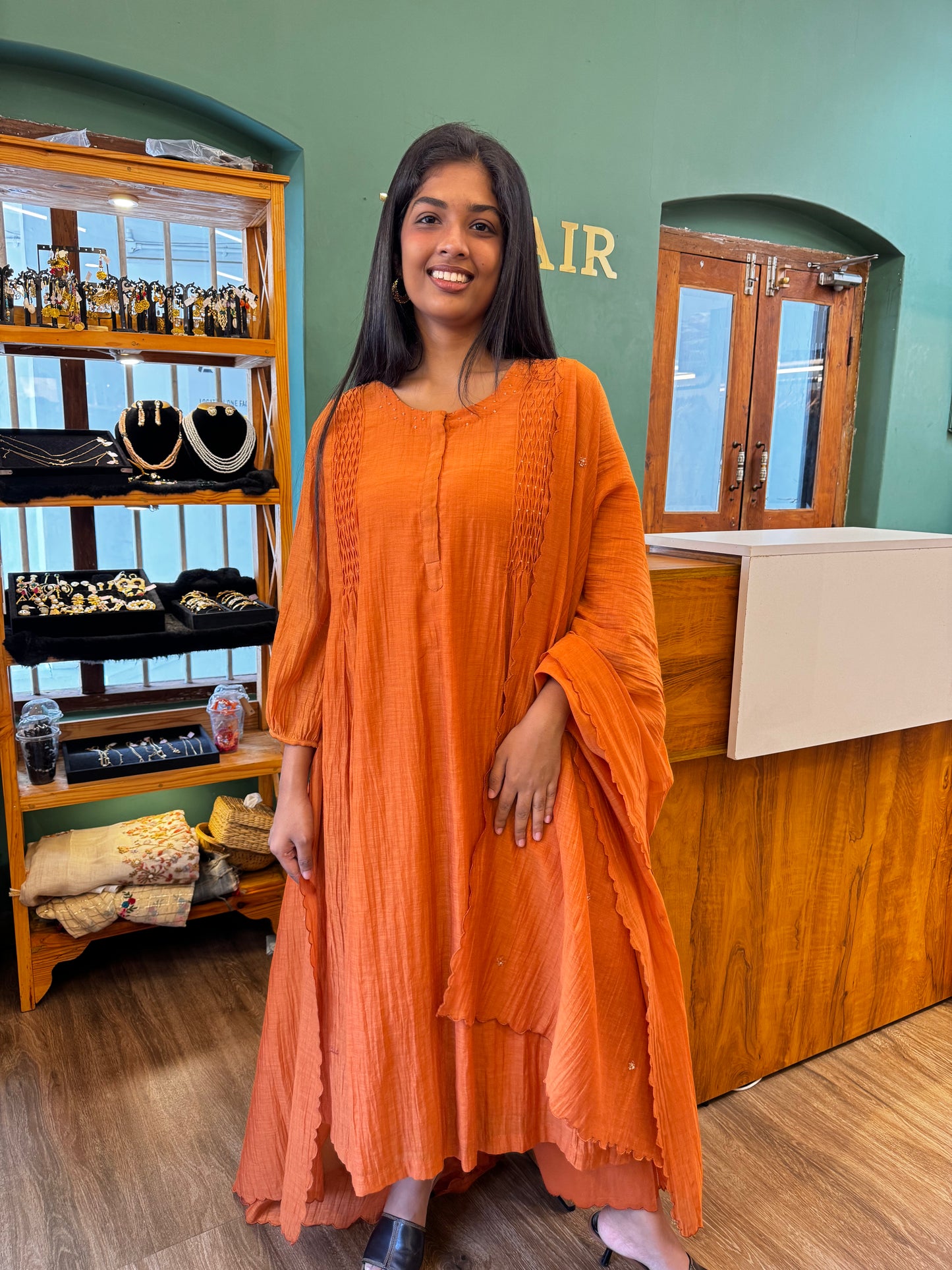 Orange chanderi cross pintuck yoke top, pant, dupatta set