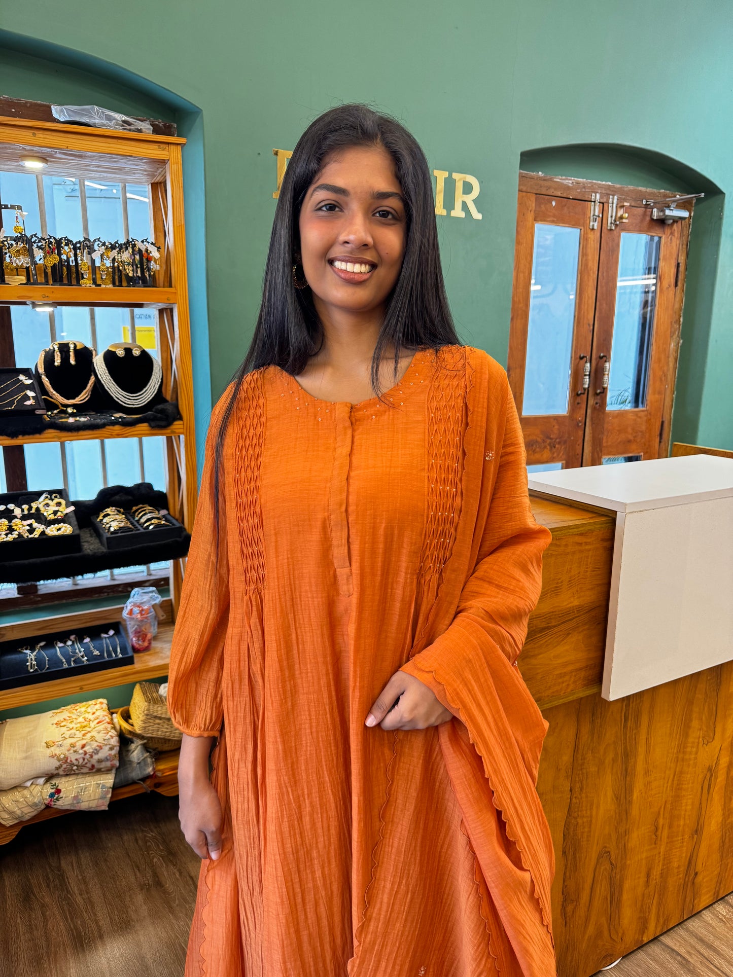 Orange chanderi cross pintuck yoke top, pant, dupatta set