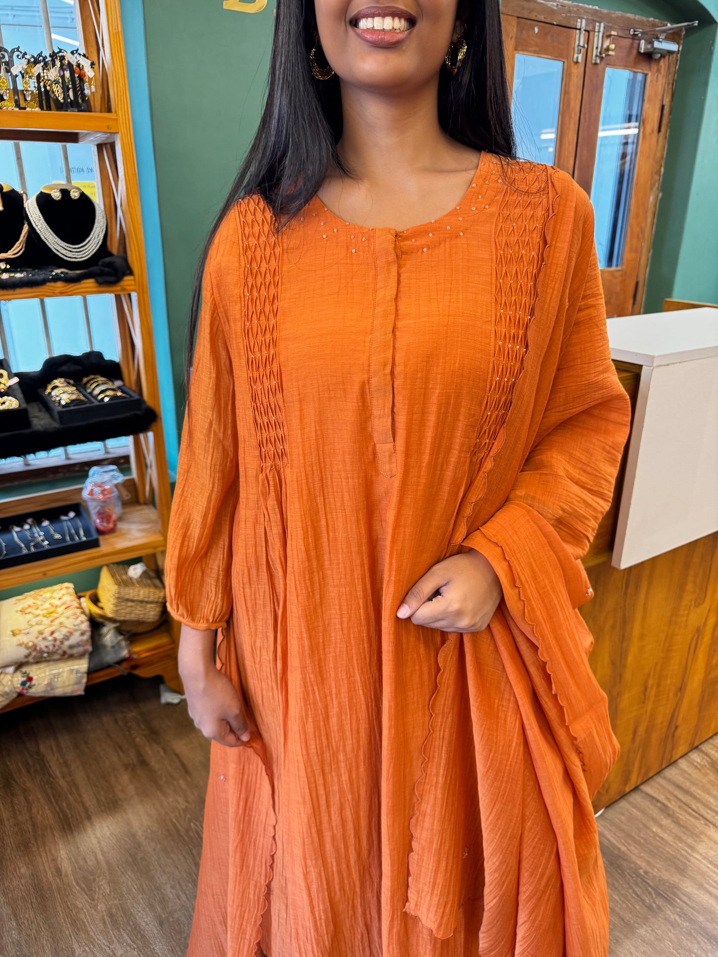 Orange chanderi cross pintuck yoke top, pant, dupatta set