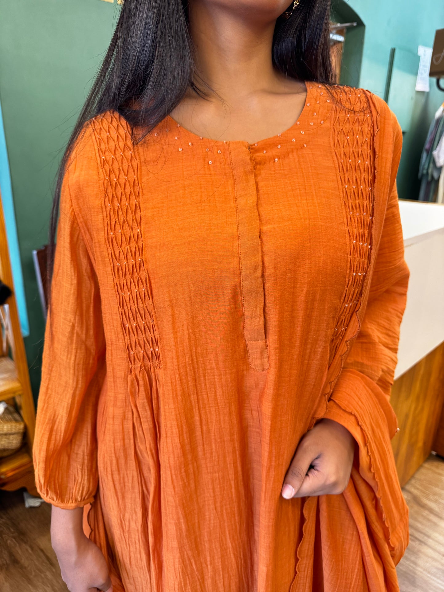 Orange chanderi cross pintuck yoke top, pant, dupatta set