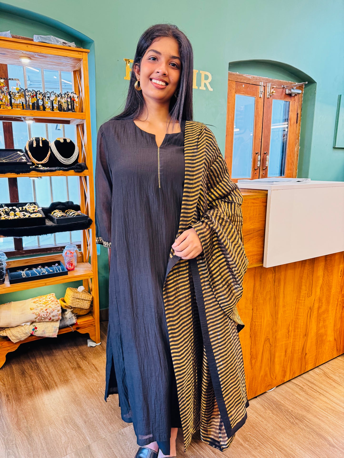 Black & gold chanderi top, pant, dupatta set