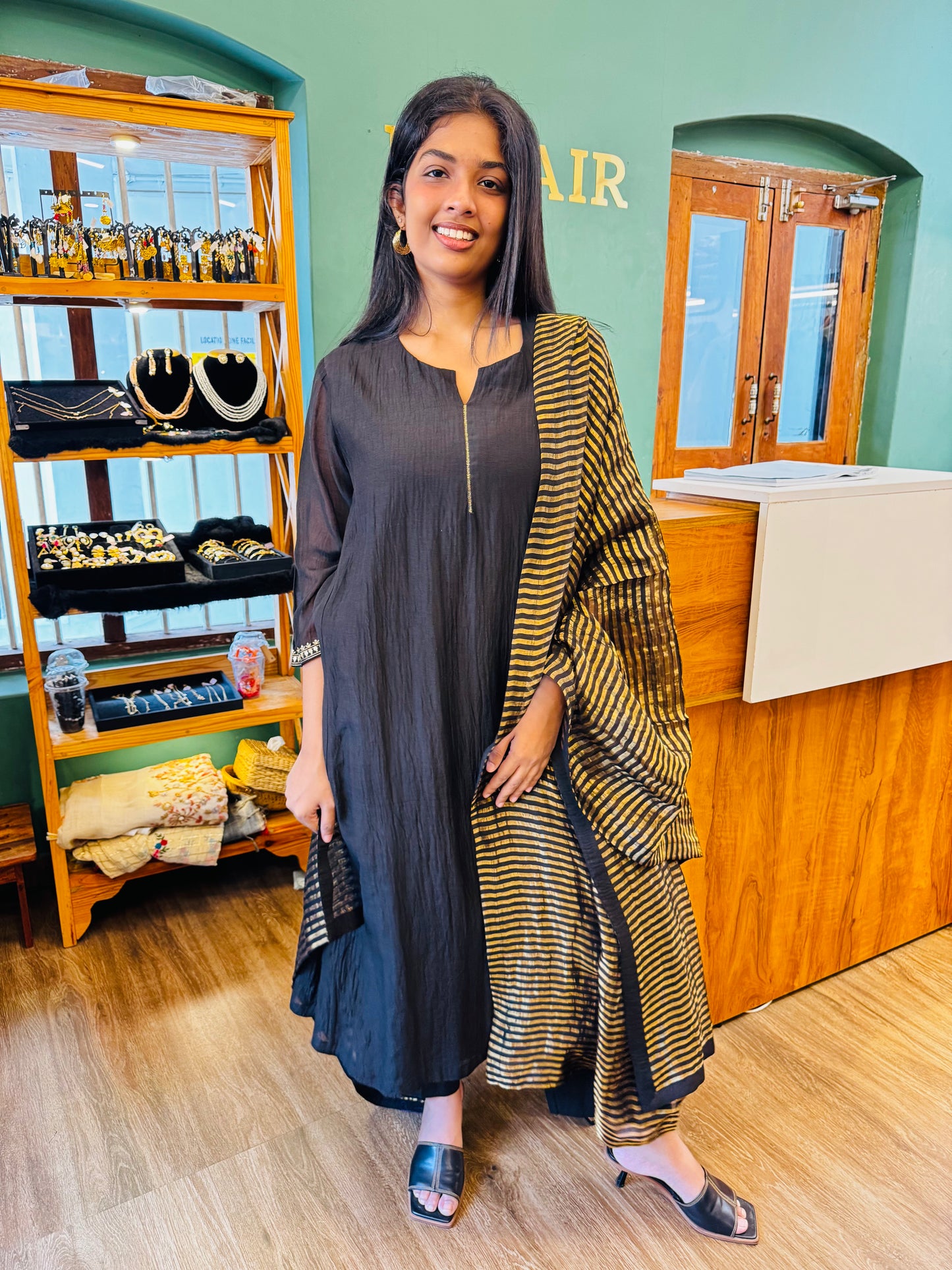 Black & gold chanderi top, pant, dupatta set