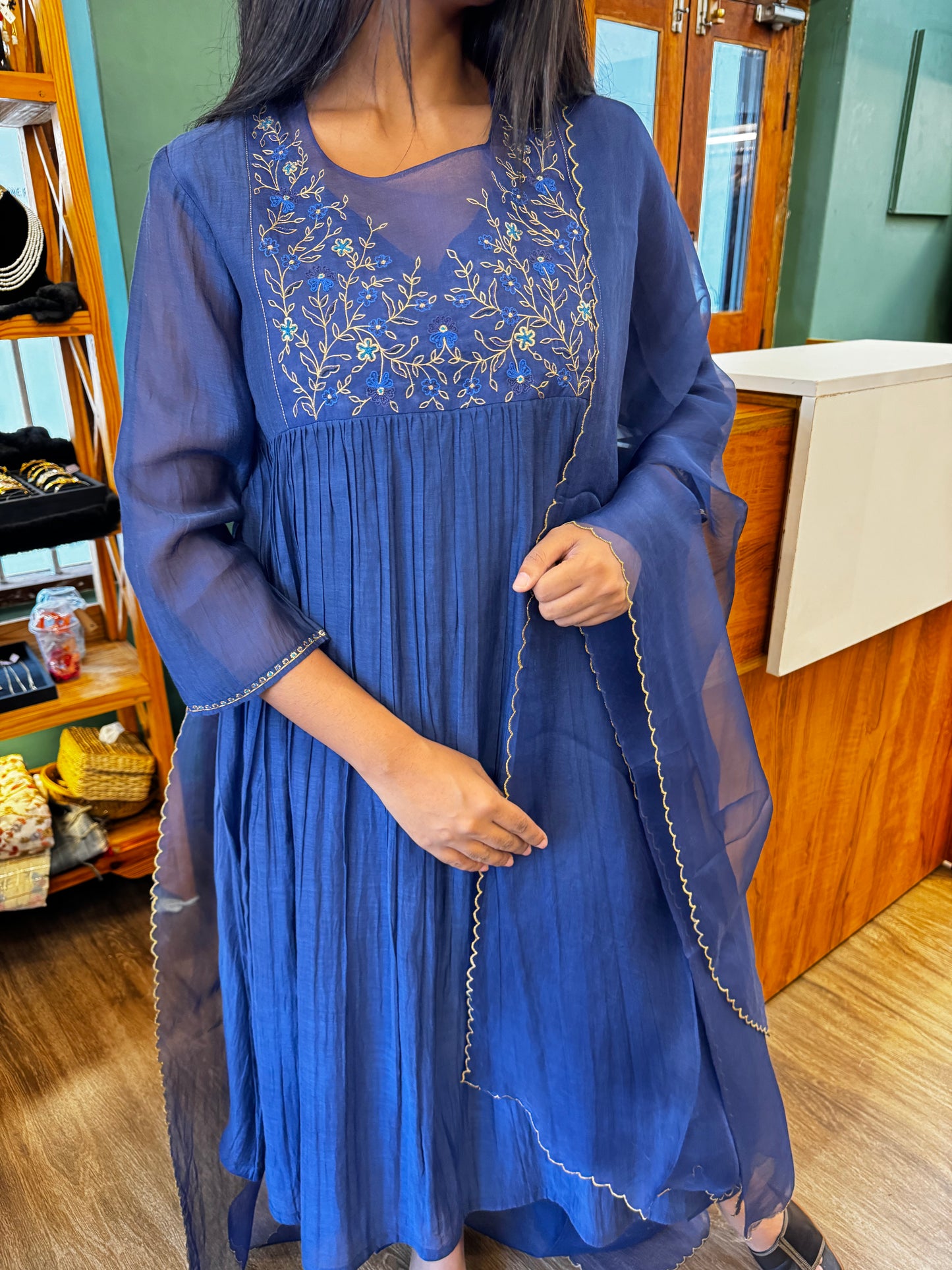 Dark Blue Chanderi embroidered organza yoke top, pant, dupatta , full set