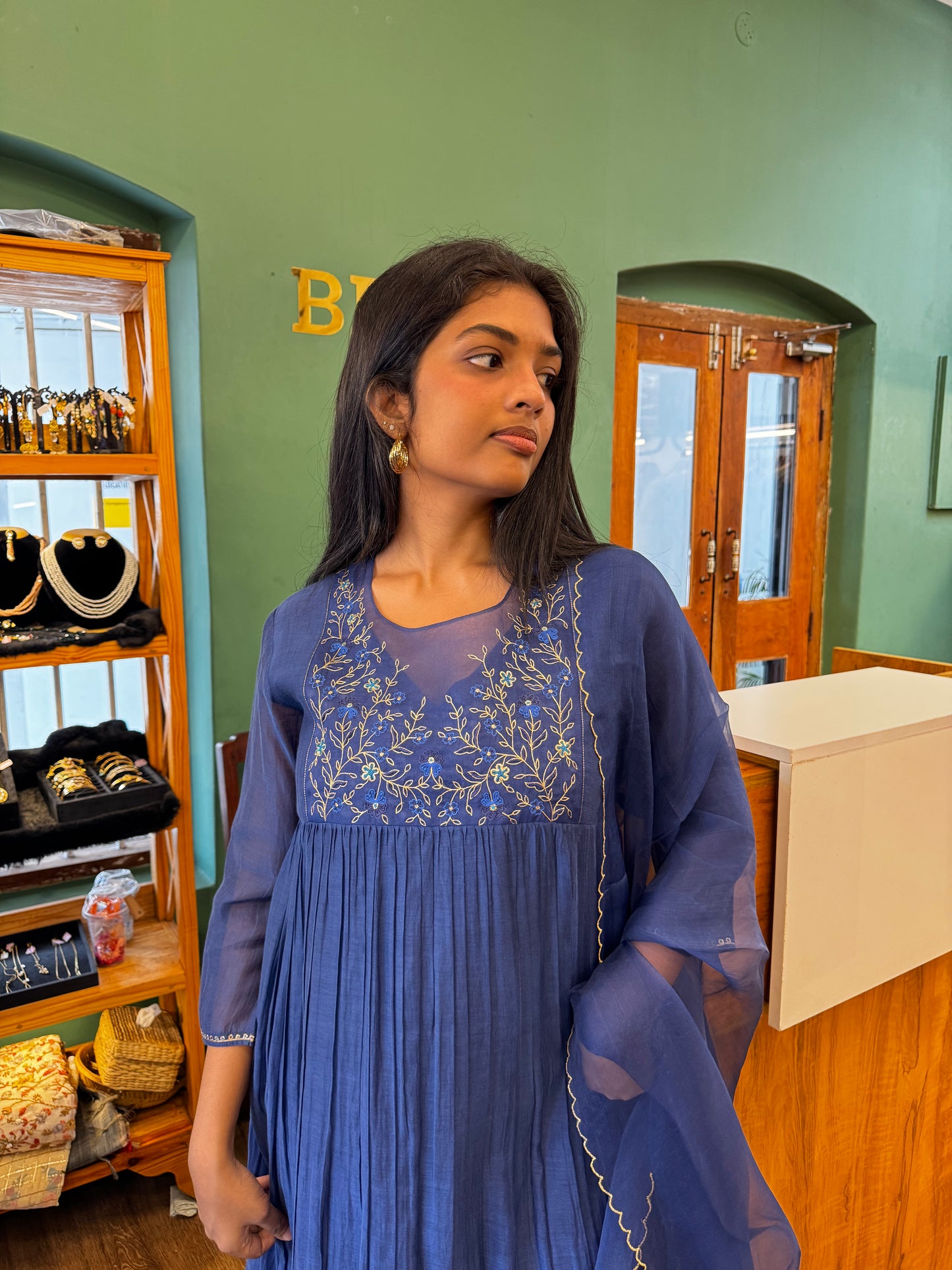 Dark Blue Chanderi embroidered organza yoke top, pant, dupatta , full set