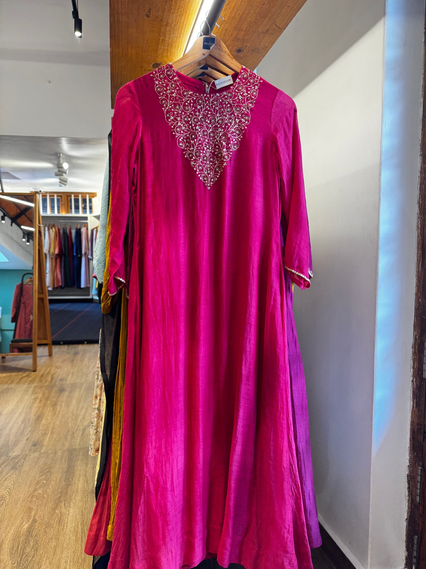Pink with gold and pink zari , V shaped embroidered yoke, dress with dupatta