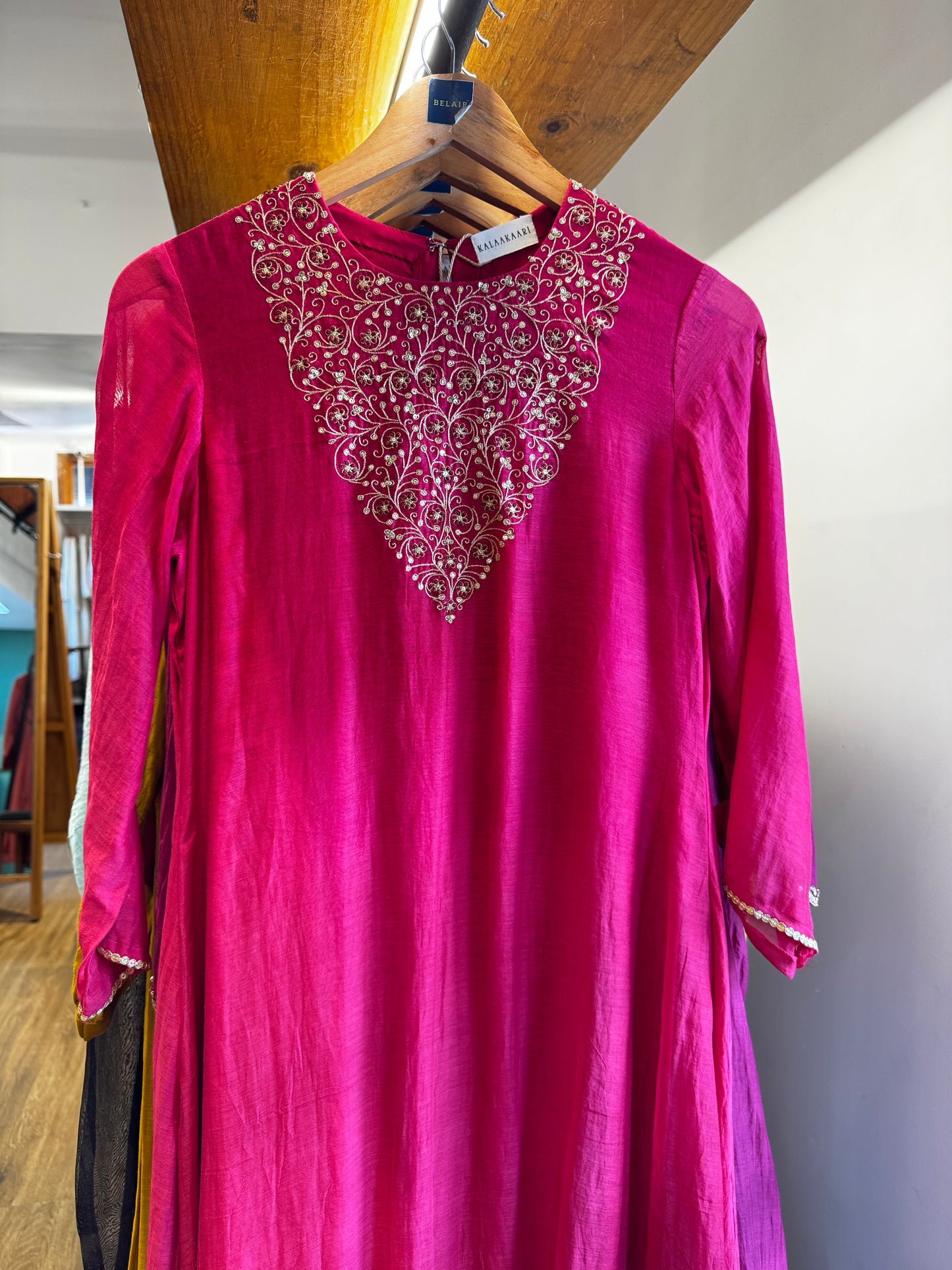 Pink with gold and pink zari , V shaped embroidered yoke, dress with dupatta