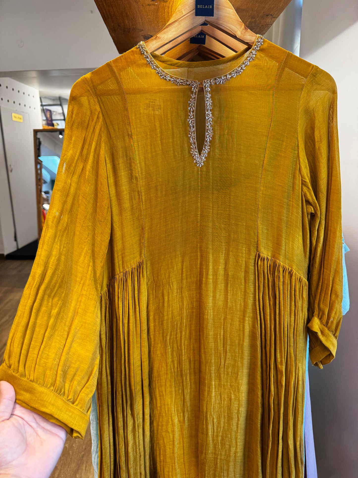 Mustard yellow chanderi embroidered dress