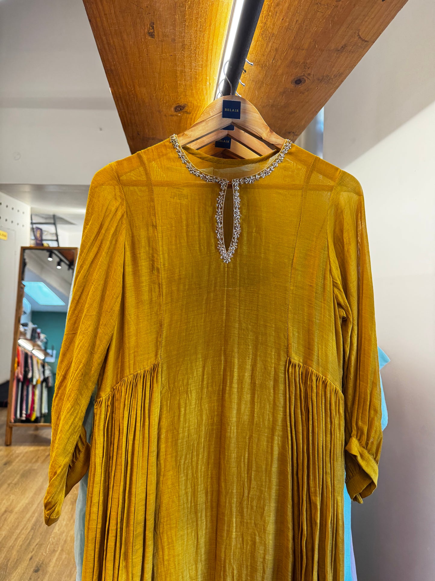 Mustard yellow chanderi embroidered dress