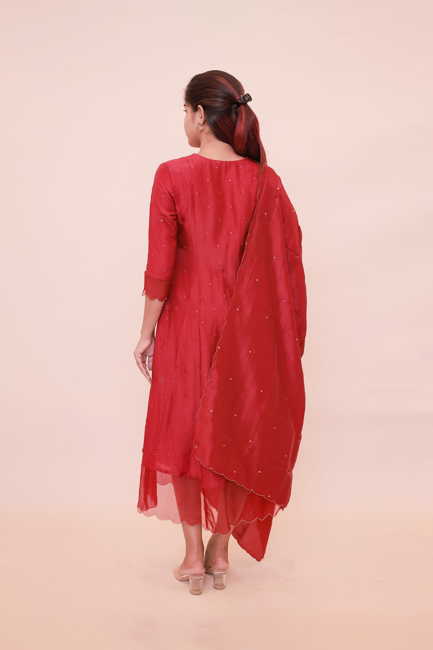 Red georgette dress with organza scallop neckline