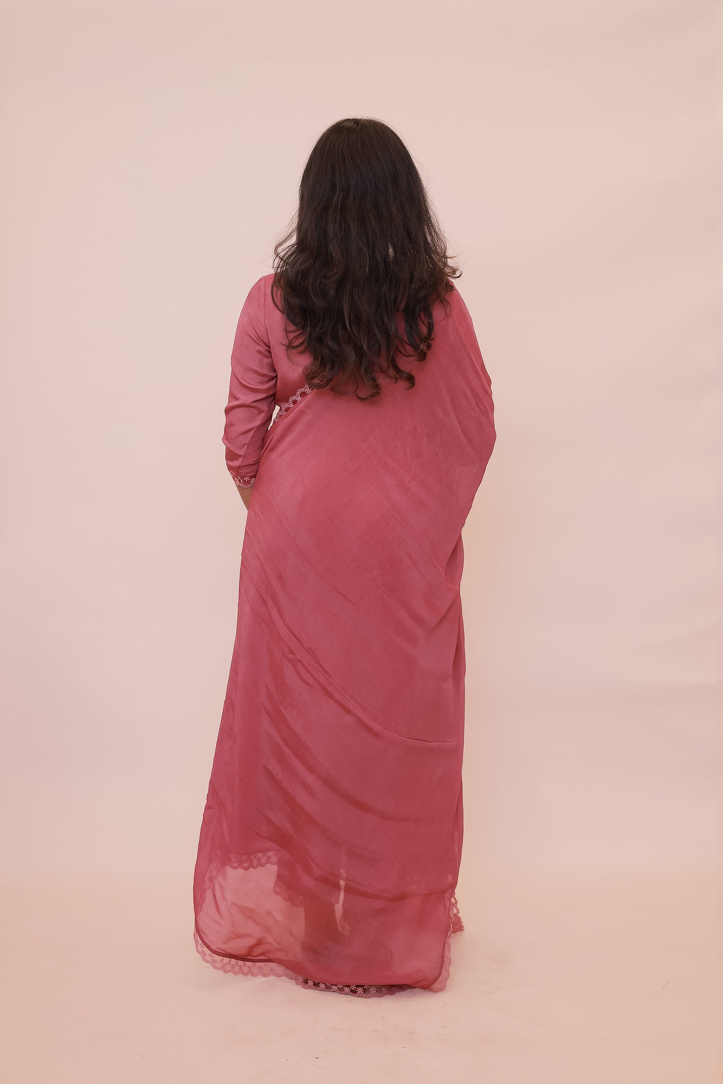 Dark pink crepe georgette dress with V neck, lace