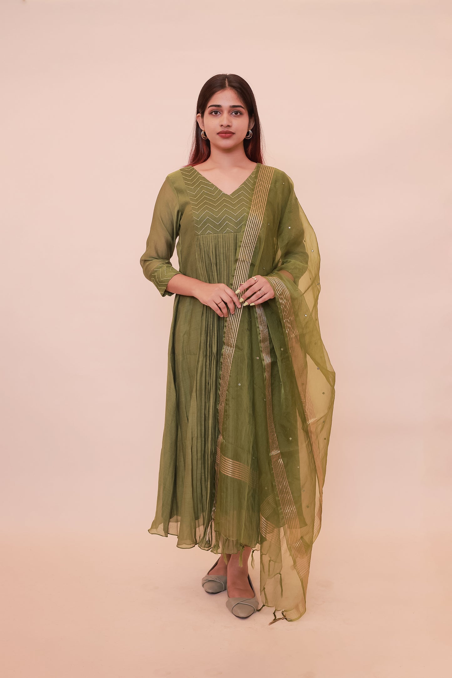 Grass green Chanderi dress with organza dupatta
