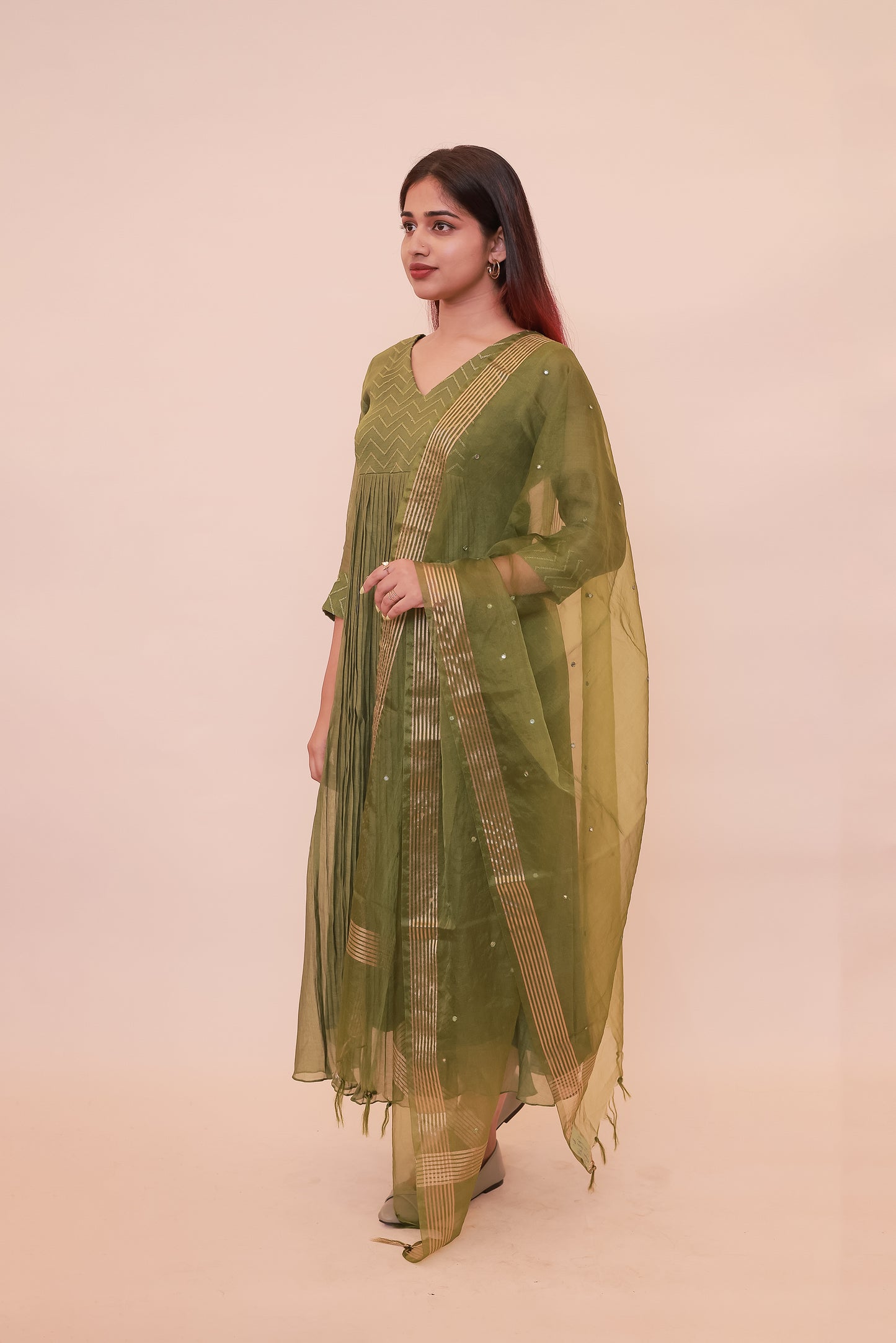 Grass green Chanderi dress with organza dupatta