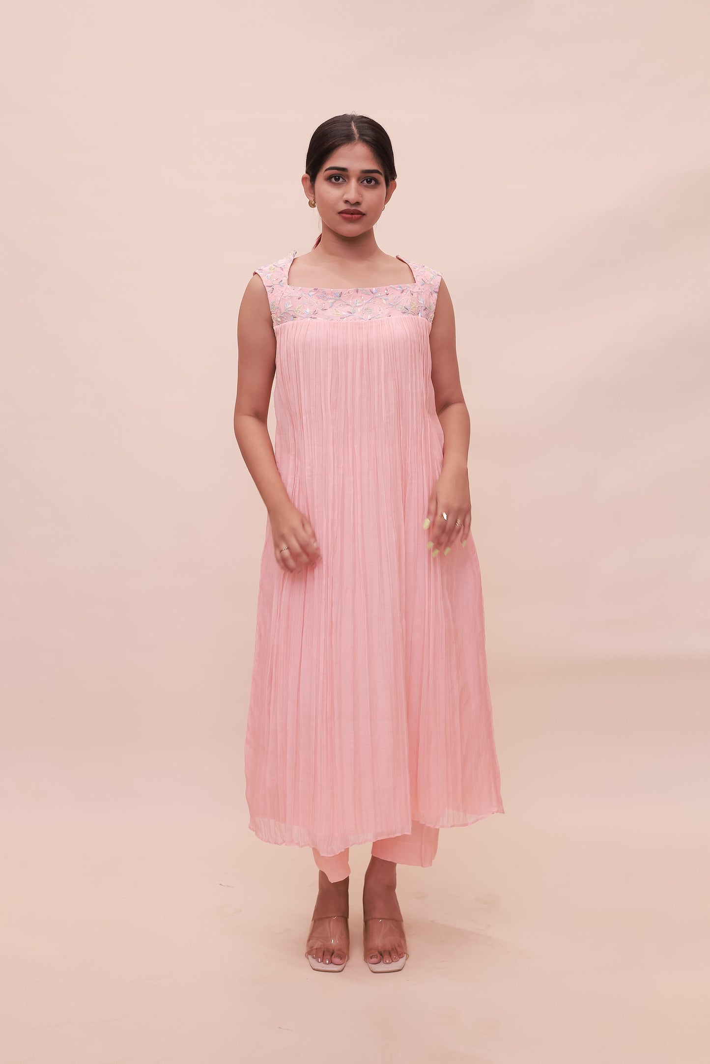 Coral wide-neck Chanderi dress and pants