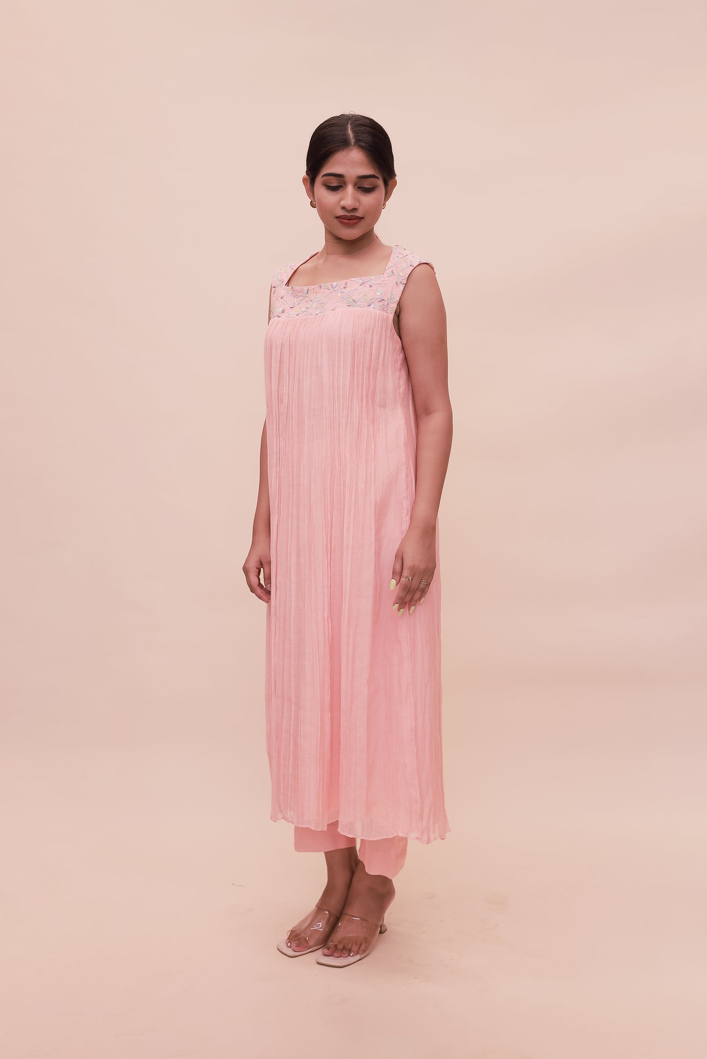 Coral wide-neck Chanderi dress and pants