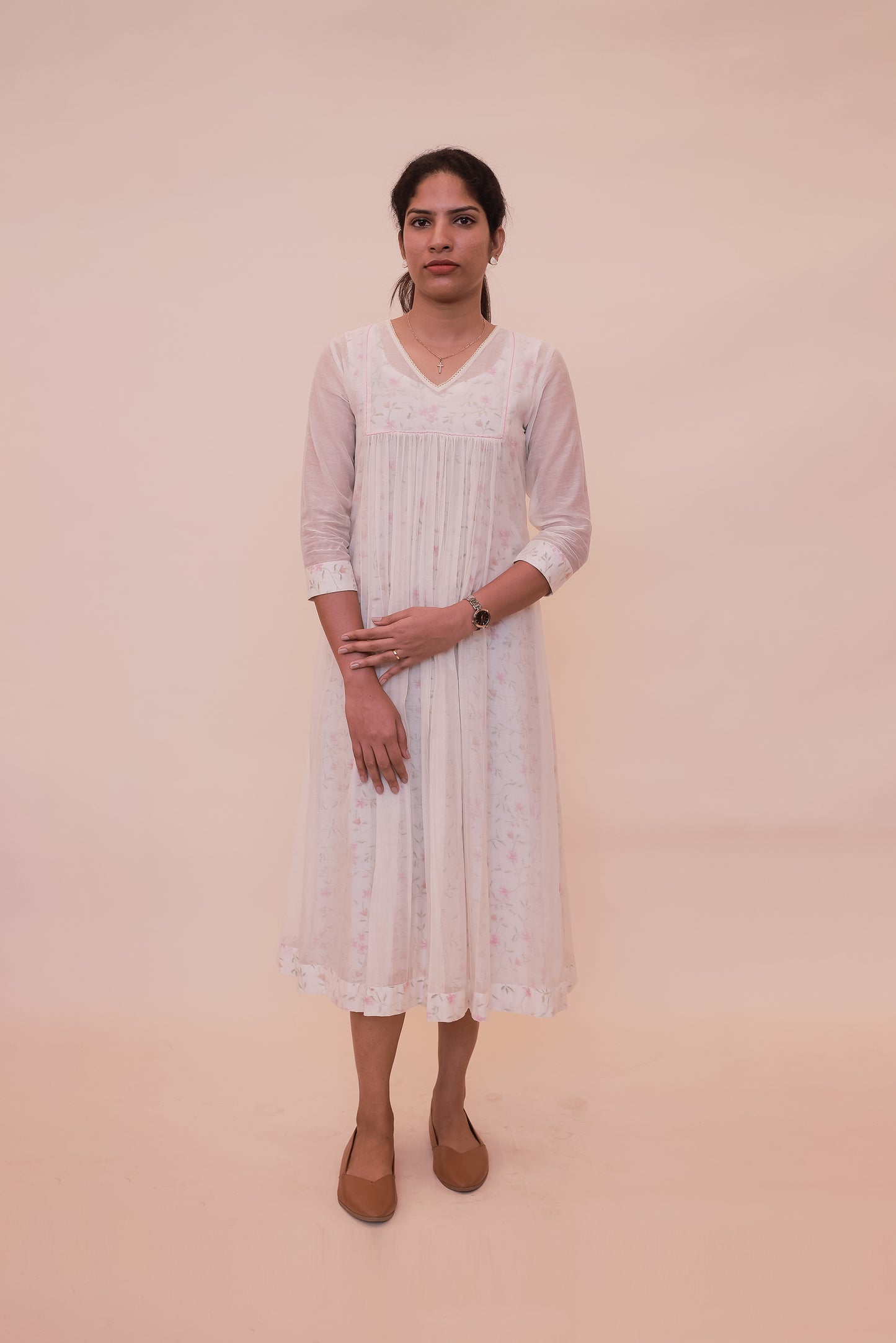 White Chanderi dress with floral inner