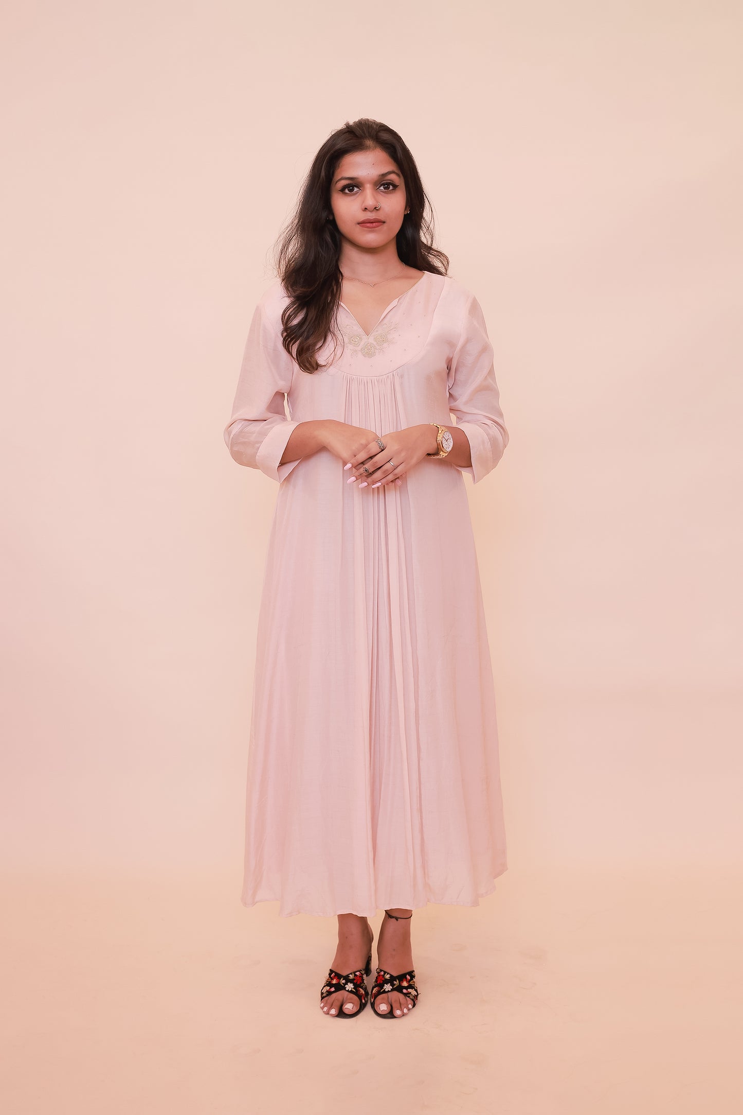 Light pastel pink with gold thread embroidery on yoke