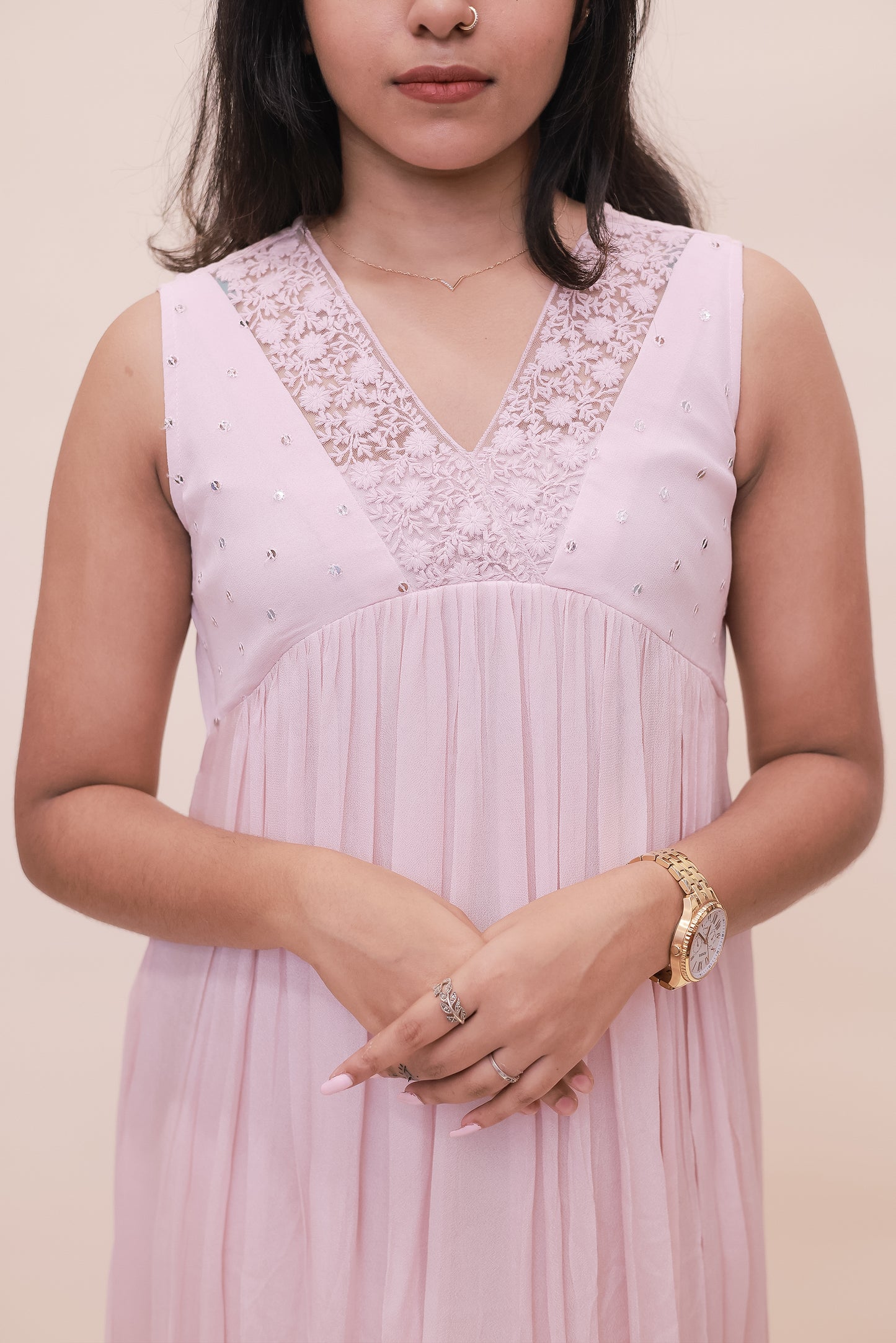 Pastel pink sleeveless crepe georgette dress