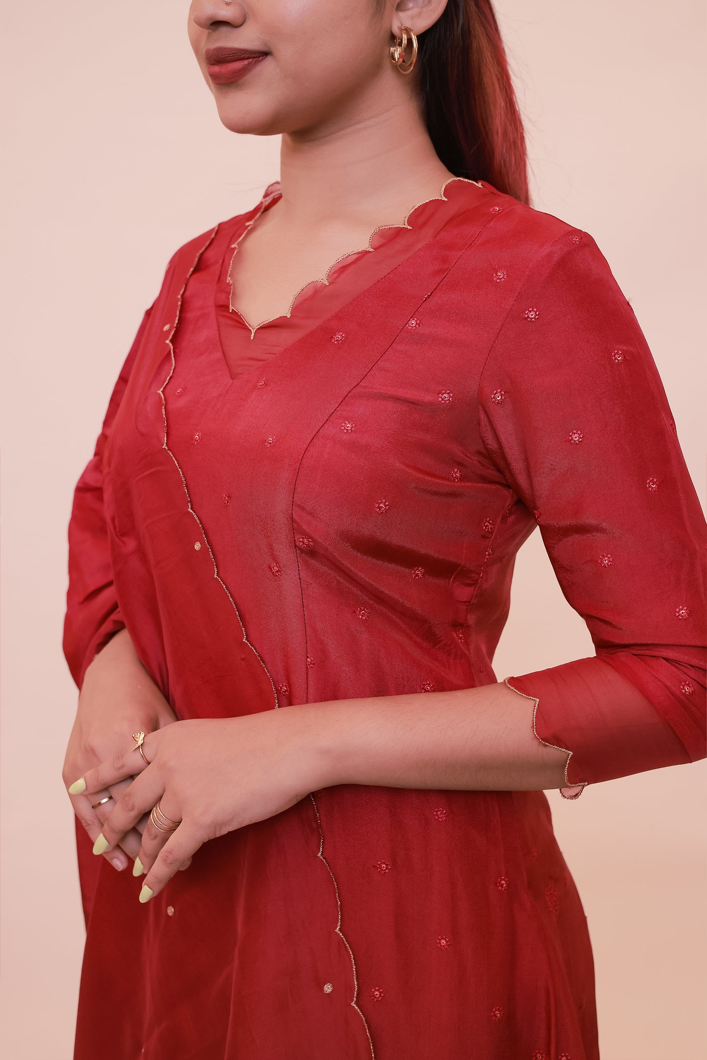 Red georgette dress with organza scallop neckline