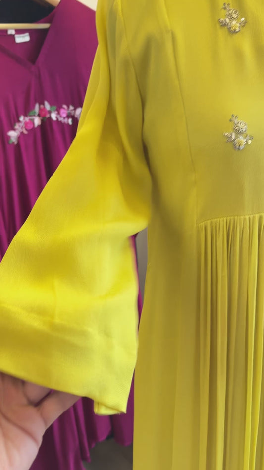 Yellow crepe Georgette dress embroidered